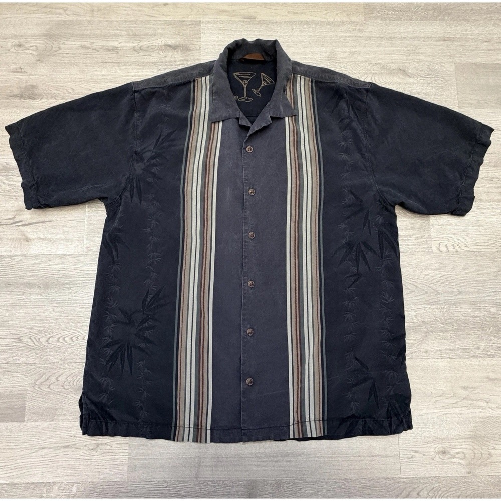 Tommy Bahama Hawaiian Shirt Mens Large Black Green Floral Stripe Silk Aloha